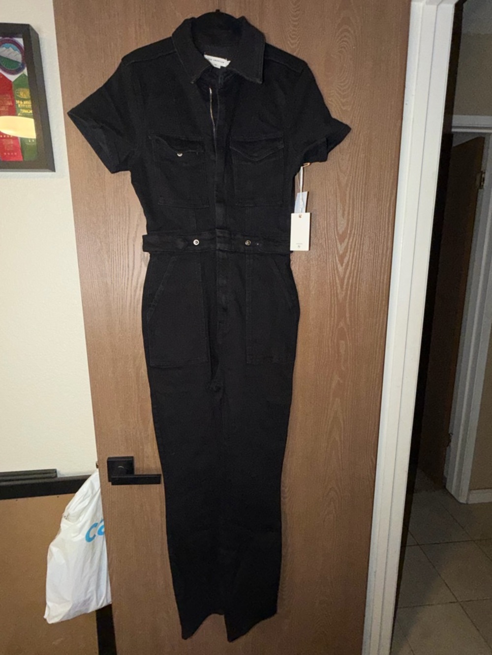 Good American Black Short-Sleeve Zip Jumpsuit with Belt